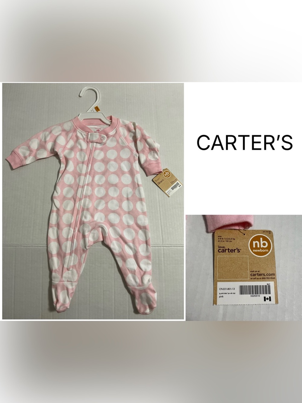 CARTER’S - NB - NWT - INFANT GIRLS PINK WHITE DOT SLEEPER